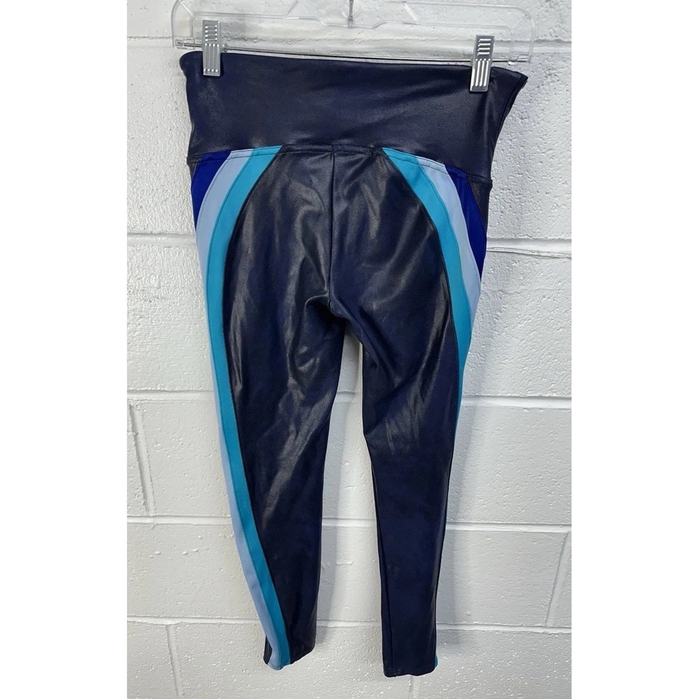 Spanx Faux Leather Track Stripe Leggings Navy Blue / Womens Medium